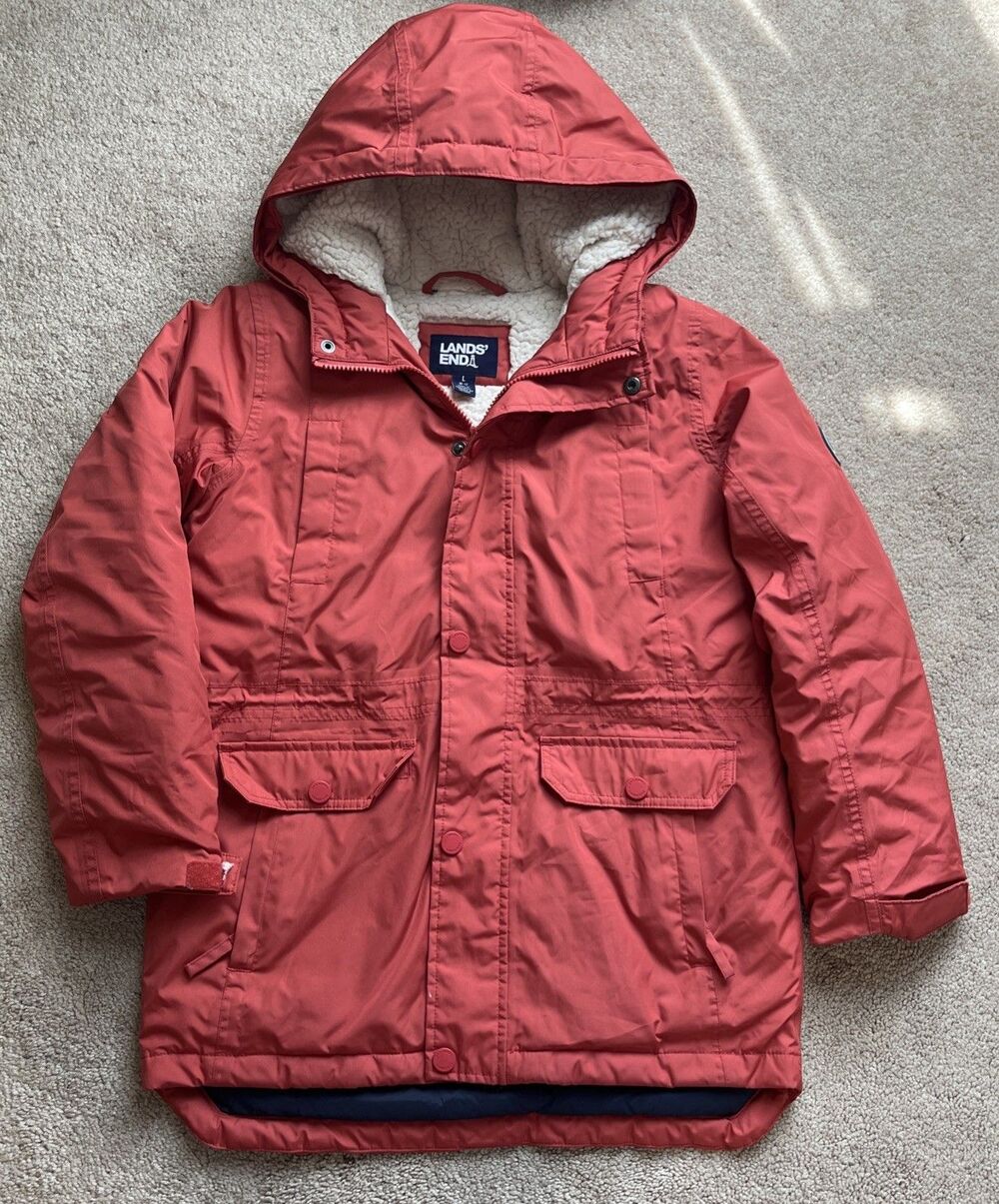 Lands End Expedition Down Parka Jacket Girls Large 10-12 Orange Sherpa Hooded